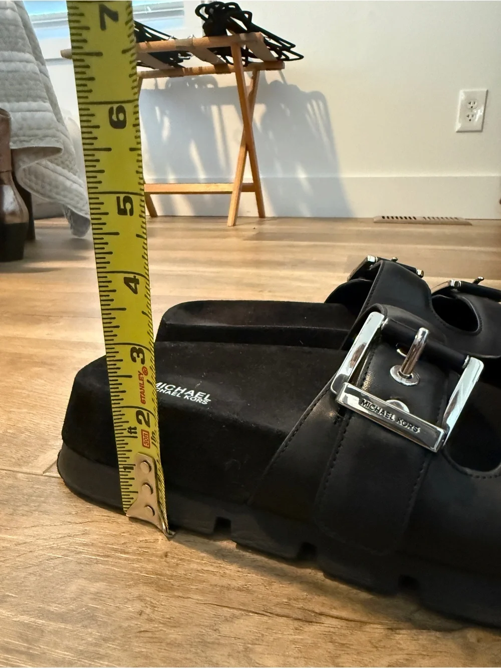 Michael Kors Black Leather Double Buckle Slides, Size 10 - Picture 3 of 4
